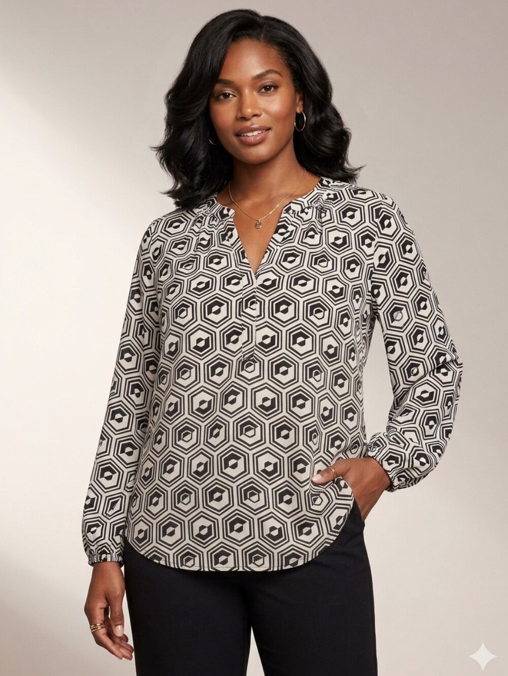 NYDJ Geometric Optical Hexagon Print Puff Sleeve Popover Blouse XL